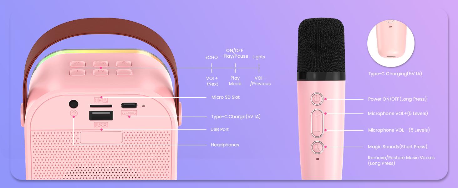 Mini Karaoke Machine for Kids Girls Boys - Birthday Gifts for Ages 4 5 6 7 8+ Year Old - Portable Bluetooth Speaker with 2 Wireless Microphone - Kids' Instrument Accessories - Pink