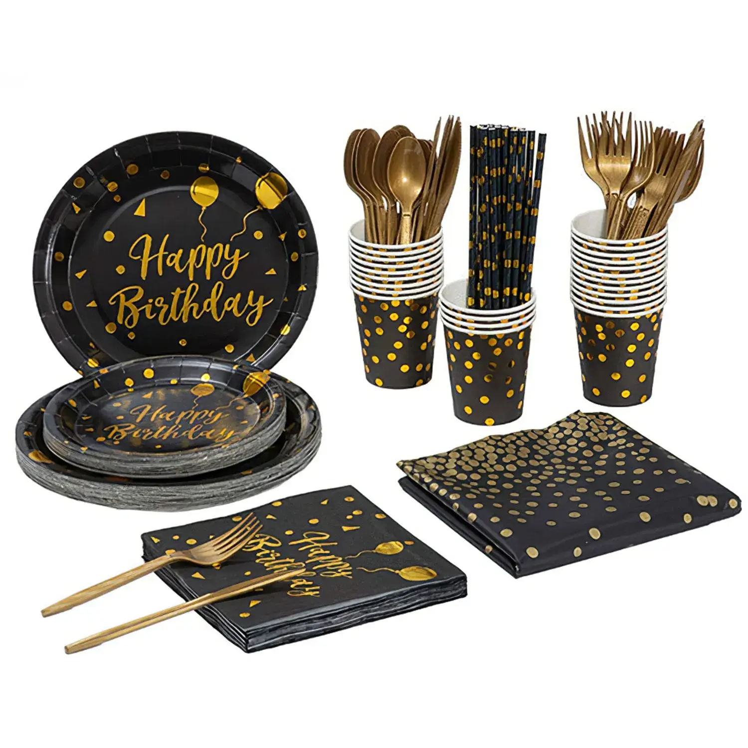 Black Gold Disposable Dinnerware Set for 25 Guests - 201PCS, 9OZ Cups, Plates, Triangle Straws, Napkins, Forks, Knives, Spoons, Tablecloth, Bags - Happy Birthday Baby Shower Home & Festive Party Supplies