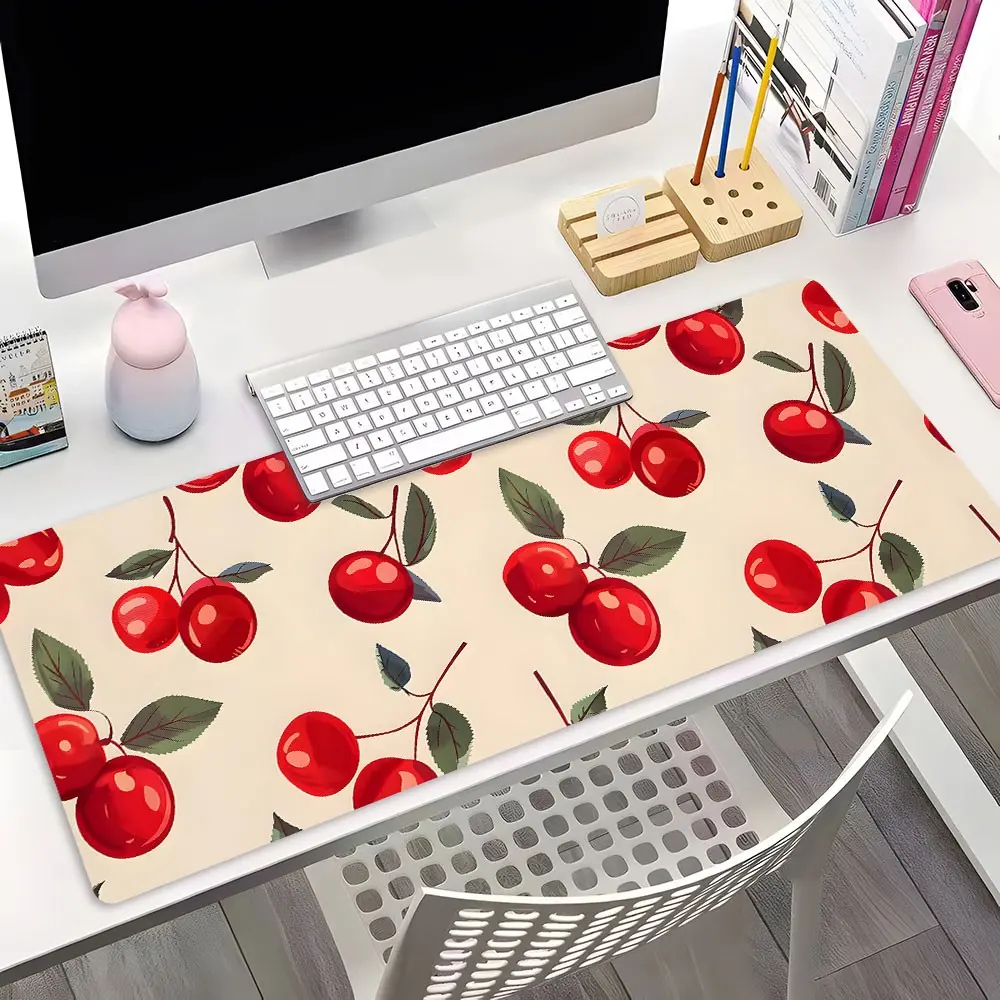 Vintage Cherry Fruit Desk Mat XXL, Large Gaming Mouse Pad with Anti-Slip Base, Cute Red Cherry Print Desk Pad for Office & Gaming, Retro Aesthetic Desk Mat for Girls, Great Gift