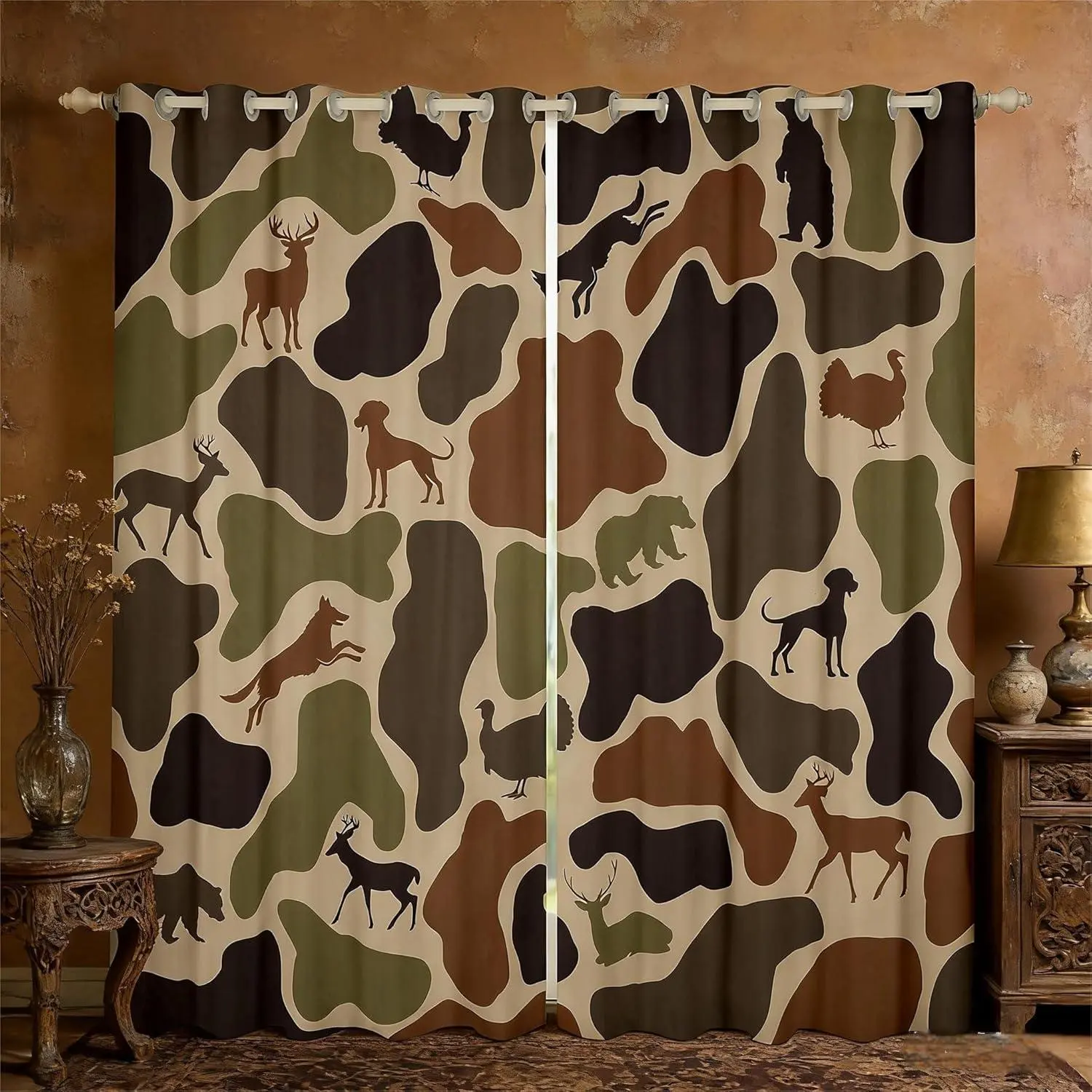 Deer Bear Blackout Curtains,2 Panels Camo Window Curtains Hound Turkey Wolf Army Print Window Treatments Drapes for Bedroom Brown Farmhouse Camouflage
