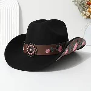 BritishStyleFeltCowboyHat-EmbroideredFloralBand,DecorativeBelt,LightweightPolyesterConstruction,IdealforWeddingsandCelebrations-Non-Washable,InelasticWovenCraftsmanship,Packof1