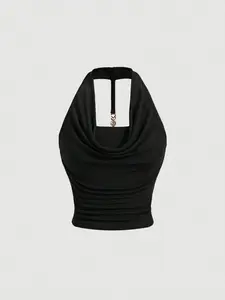 Women's Metal Chain Decor Halter Neck Tank Top, Basic Solid Color Sleeveless Top for Summer, Ladies Clothes for Daily Wear