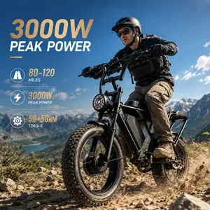 Adult Fat Tire E-Bike 3000W Peak Power 28MPH Max Speed 80-120Miles 60V30Ah Inner & Outer Tire Shimano 7-Speed Carbon Steel Frame Electric Off-Road dual seat