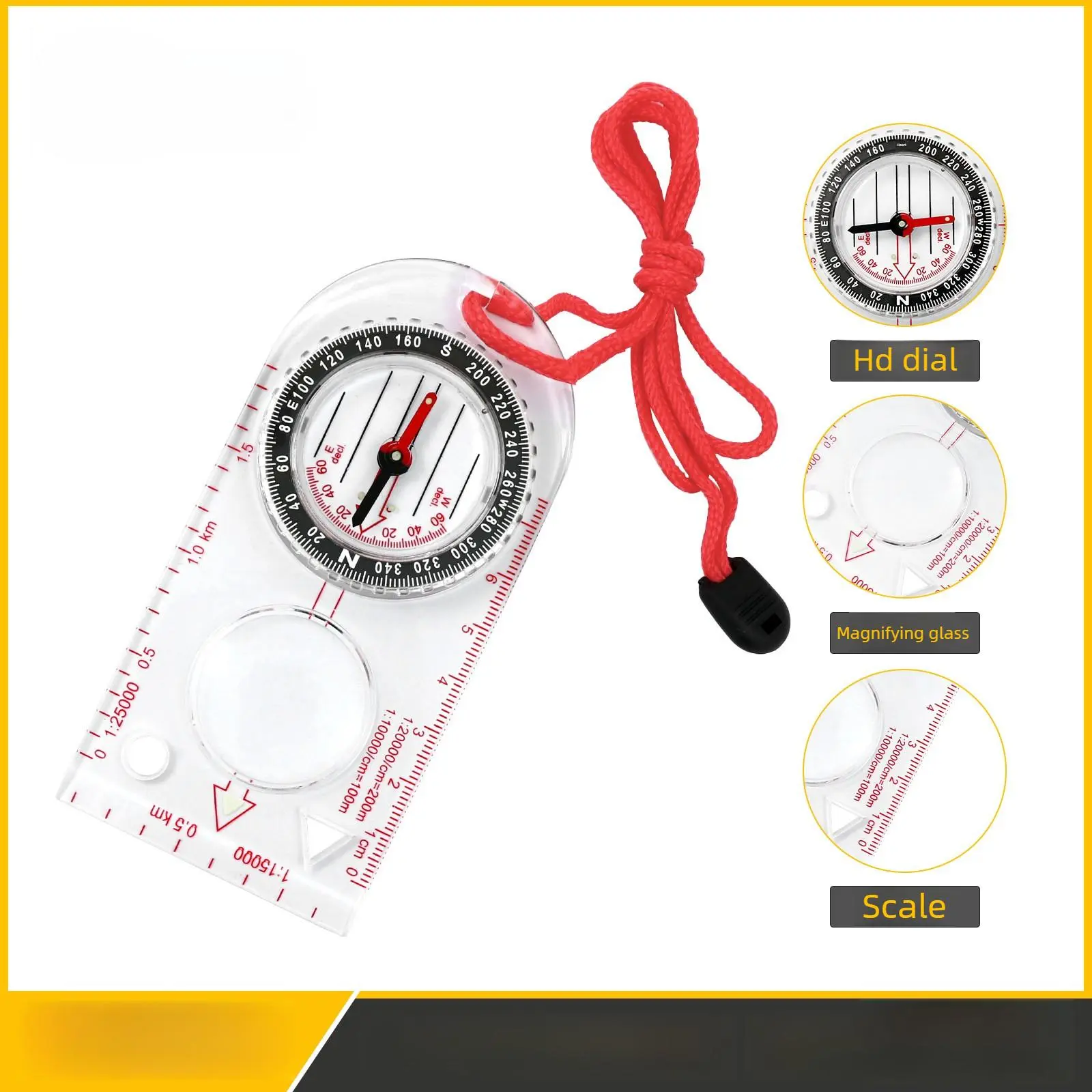 Outdoor Acrylic Compass Map Ruler with Magnifying Glass, Dual Scales ...
