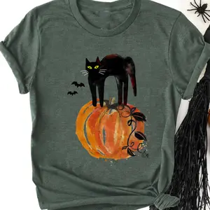 Fall Graphic T-shirt, Black Cat on Pumpkin Print, Halloween Thanksgiving Tee, Cozy Autumn Outfit for Women