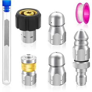 7 count Sewer Jet Nozzle kit, Rotating and Button Nose Stainless Steel Sewer Jetting Drain Jetter Nozzle, Drain Sewer Cleaning Tool for  Washer, Pipe System, 5000PSI,1/4 Quick Connect (A)