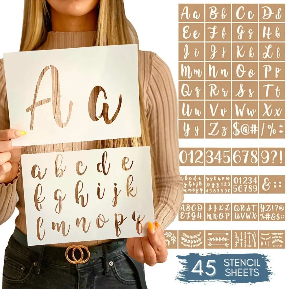 Boutique Calligraphy Stencil Template Kit - 45 count - Includes Lettering Upper and Lowercase Both Large and Small, Numbers, Punctuation, Laurels and  - for Arts Crafts Painting