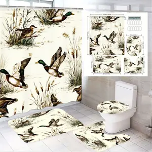1/4pcs Mallard Duck Bathroom Set - Shower Curtain Sets, Floor & Edge Bath Mats, Toilet Lid Cover with Wetland Reeds & Grasses, Rustic Outdoor Theme - Perfect for Spring Easter Decor, Nature-Lover Home Bathroom Gift