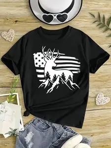Unisex Deer Mountain Tree Star T-Shirt, Casual Short Sleeve Fitted Tee for Teens, Cute Clothing for All Seasons