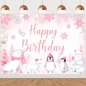 Arctic Animals Birthday Decorations Backdrop Pink, Winter Penguin Birthday Decorations Winter Polar Animals Happy Birthday Backdrop Banner 7x5ft for Girl Winter Onederland 1st Birthday Party