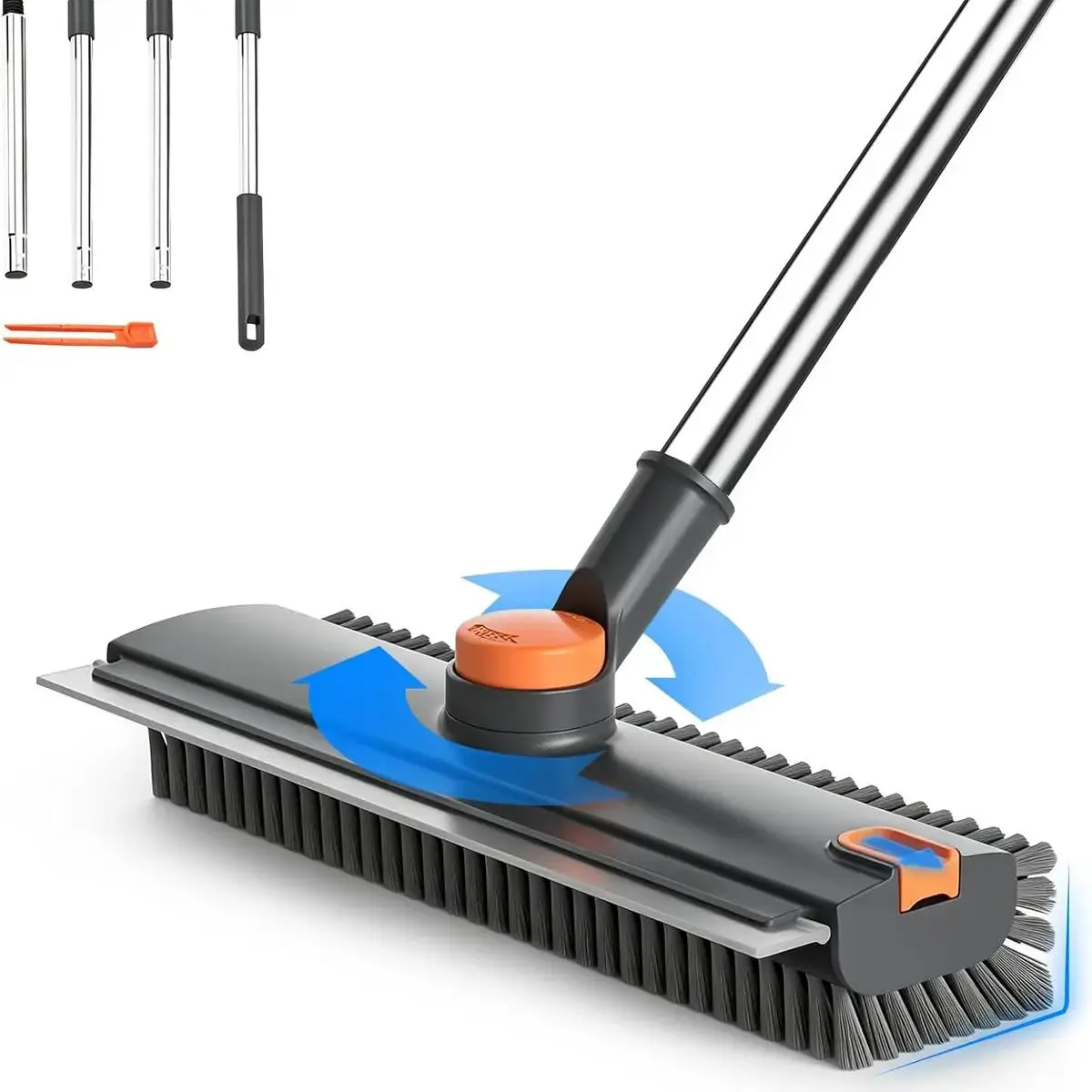 3-in-1 Heavy-Duty Floor Brush and Squeegee Combo—Features an adjustable stainless steel handle, a 360° rotating dual-sided stiff-bristle brush, and a silicone squeegee blade; suitable for various floor types for easy and efficient cleaning.