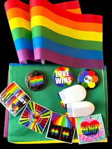 Rainbow Flag Gay Pride Set – Holiday Edition | 5x3 ft Flag, 2 Rainbow Markers, 3 Pride Pins, 10 Stickers, 3 Wristbands – Christmas & New Year LGBTQ+ Gift Set, Multicolored, Lightweight, Waterproof, UV-Resistant, Perfect Present for Pride Lovers