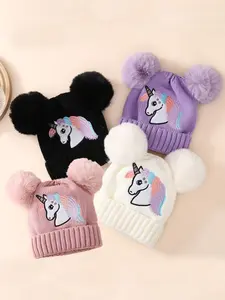 Unicorn Embroidered Cute Cartoon Knitted Ear Warmer Hat, Soft Warm Winter Cap for Kids & Adults, Multiple Colors, Perfect Gift