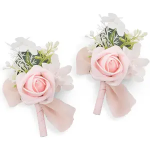 TINGE TIME Pink Boutonniere for Men Wedding, Set of 2, Groom Groomsmen Boutineers Decor for Wedding Ceremony Anniversary, Formal Dinner Homecoming and Rustic Vintage Wedding