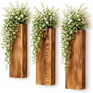 Pack Wood Indoor Wall Planter, Modern Boho Wall Decor for Living Room Bedroom, Farmhouse Pocket Vases for Dried Flowers and Faux Greenery Plants, Solid Pine Wood Material - Brown (3)