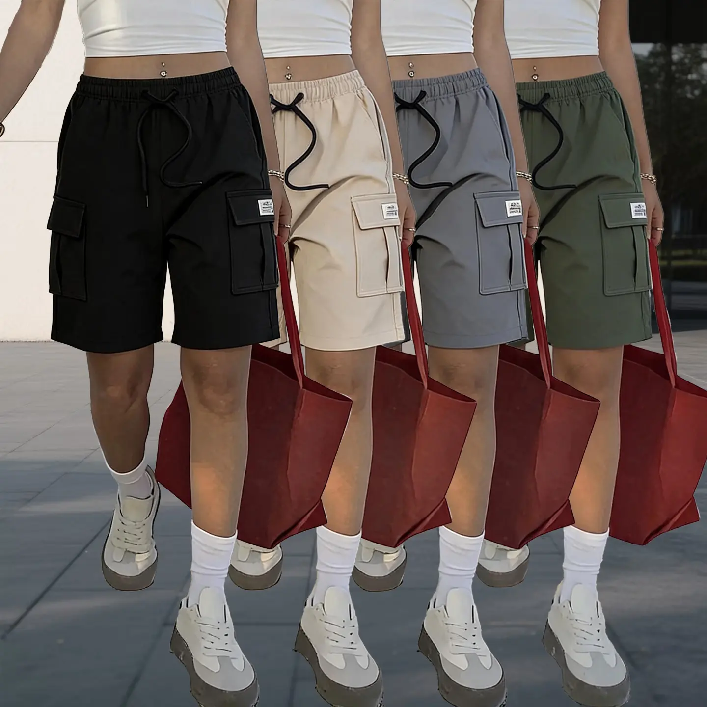 Women's 4-Piece Casual Sport Shorts, Above the Knee Versatile Gym Bottoms, Comfortable Athletic-Casual Clothes, Easy to Pair with Tops or Tees, Flexible for Easy Movement, 4-Pair Set Covers Busy Weeks