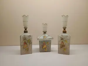 Antique Bristol Glass Victorian Barber Bottle Decanter Hand Painted 3-Piece Set