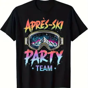 Après-Ski Party Team Neon Graphic Cotton Short Sleeve T-Shirt | Round Neck Unisex Tops Tees T-Shirts