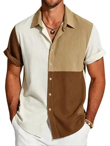 ZAFUL Men's Colorblock Corduroy Shirt ,Regular Fit Short-Sleeve Button Down, Retro Old Money Aesthetic, Casual Summer Top for Daily Wear,Vintage Quiet Luxury Shirt Fabric Breathable Shortsleeve Thick Menswear