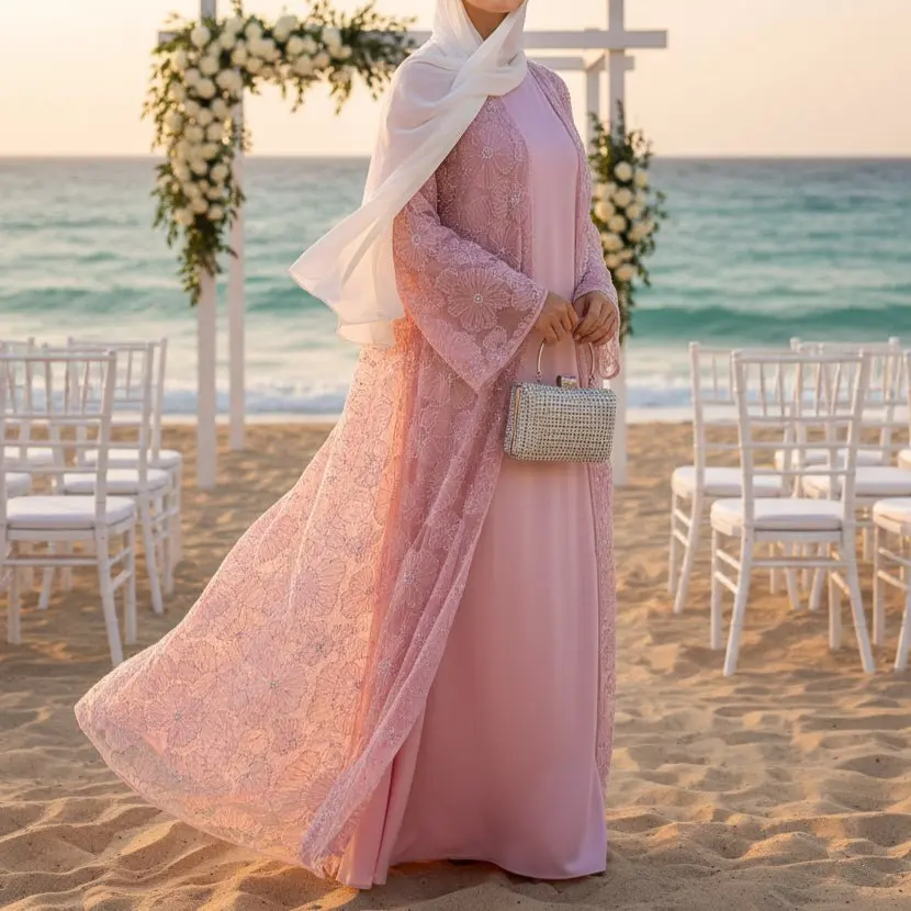 Women's Modern 2-Piece Floral Embellished Abaya Set - Muslim Modest Clothing, Lightweight Loose Open Front, Mesh Floral Layer, Satin Inner Drape, 3D Bead Embroidery, Hijab-Friendly Fit, Elegant Wedding Guest Outfit (MOA222), Modesty Abaya