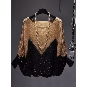 New European And American Style Sequined Sweater for Women, Loose Pullover Cape Batwing Top with Round Neck Design