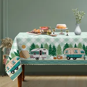 1 piece, green plaid tablecloth for camping and picnics, modern style, RV and campfire pattern tablecloth, camping decoration, suitable for indoor and outdoor parties, lunch, and dinner use