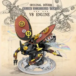 Golden Rhino Turtle V8 Engine Assembled Building Block Model, Creative Bionic Mechanical Beetle, with Multiple Movable Details and V8 Engine Linked Flight Simulation Design, is a Perfect Collectible Display Model