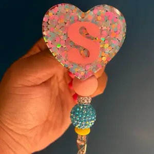 Candidly Heart Badge Reel - Personalized Reel with 360 Degree Rotation, Metal Alligator Clip, Identification badges & Supplies, Retractable 1.5" Reels, Hand-Glittered Design Handheld Tag Attacher Acrylics