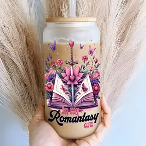 Elegant Floral Romantic Quote Design 16oz Covered Straw Glass Drinking Cup, Reusable Glass Drinking Cup,High-Quality Glass Jar Design,Suitable for Iced Coffee,Beer,Juice,Fashionable Glassware.Perfect Gift for Book Lovers,Family and Friends