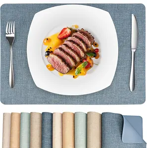Heat Resistant Placemats Set of 6, 17x12in Waterproof Wipeable Faux Leather Non Slip Table Mats, Easy to Clean, Stain Resistant, for Kitchen Dining Room– Charcoal Blue Woven Rustic for Hot Dishes, Pots, Bowls, Teapots - Kitchenware & Tableware Coasters