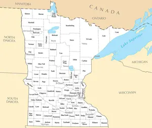 Map of Minnesota MN - County Map with selected Cities and Towns - Peel and Stick Wall Decal