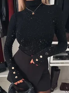 Women's Long Sleeve T-Shirt, High Neck Design, Metal Button Decor, Slim Fit, Perfect Inner Layer for Spring & Fall, Suitable for Outerwear