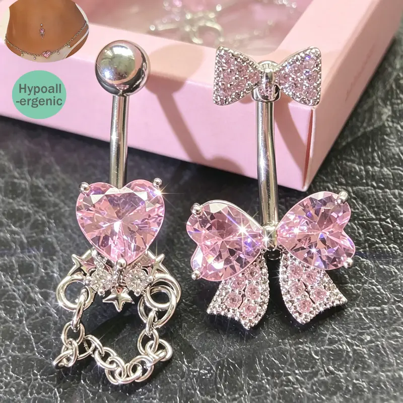 14G Titanium Belly Button Rings,2pcs Shiny CZ Sweet-Cool Butterfly Chain Design Belly Piercing,F136 Materials Floating Navel Belly Piercing Set
