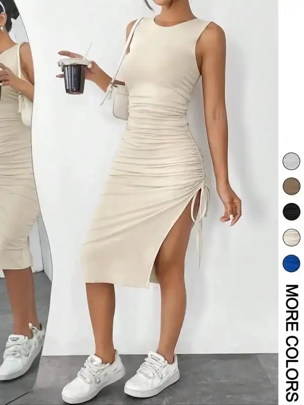 Women's Drawstring Ruched Split Thigh Tank Dress, Minimalist Sleeveless Dress, Sundress, Dresses for Women, Ruched Date Dresses, Ladies Clothes for Summer, Womenswear, Evening Party Dresses, Plain Ruched High Slit Dress