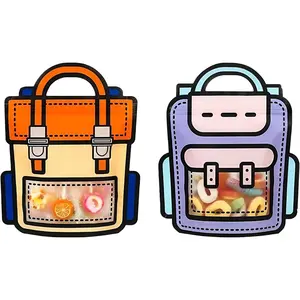 20 Plastic Gift Bags Cartoon Goodie Bags 7.09x8.27 inch Backpack-shaped Candy Snack Packaging Bag with Handle Resealable Treats Birthday Party Favor Stand Up (10 Purple and 10 Orange)