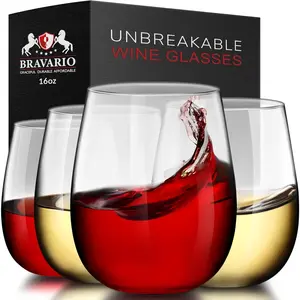 Unbreakable Stemless Plastic Wine Glasses, Reusable, Shatterproof 100% Tritan Plastic, Dishwasher-Safe, BPA-free, for Indoor & Outdoor, 16 oz, a Set of 4