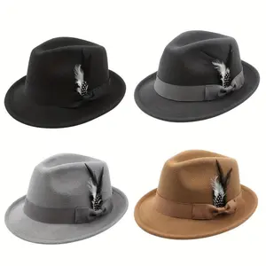 Flongo Classic Fedora Hats For Men Women Short Brim Felt Feather Hat Panama Dress Hat