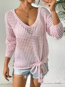 Bow Tie Butterfly Long Sleeve Cover-Up, V Neck Hollow Out Sun Protection Top, Loose Knit Summer Shirt, Perfect for Beach Vacation, Beach Cover Ups