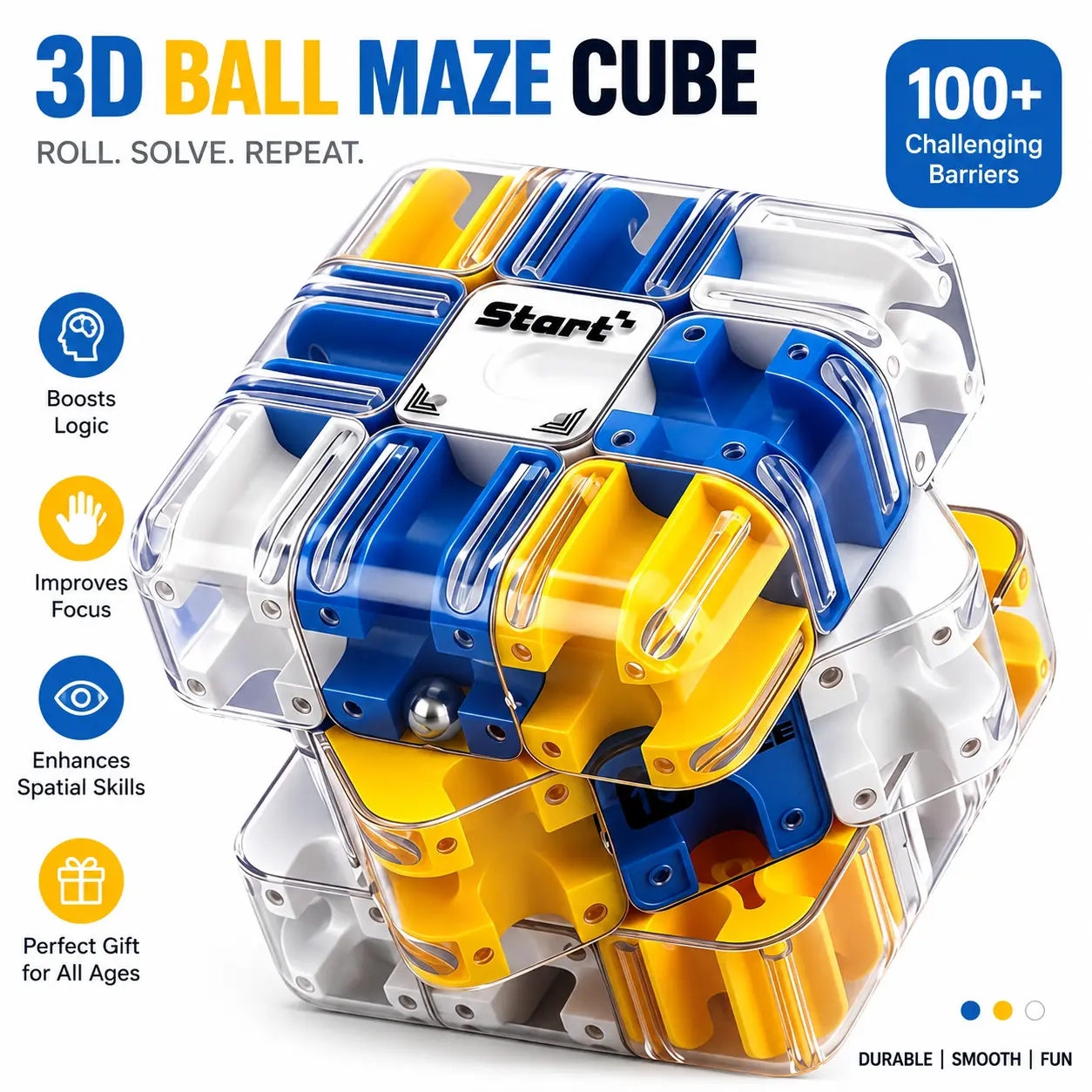 3D Ball Maze Cube Puzzle Box - Brain Teaser Logic Game, STEM Educational Toy, Fidget Stress Reliever, Parent-Child Interactive Challenge, Cool Gifts for Kids Ages 6+ Teens