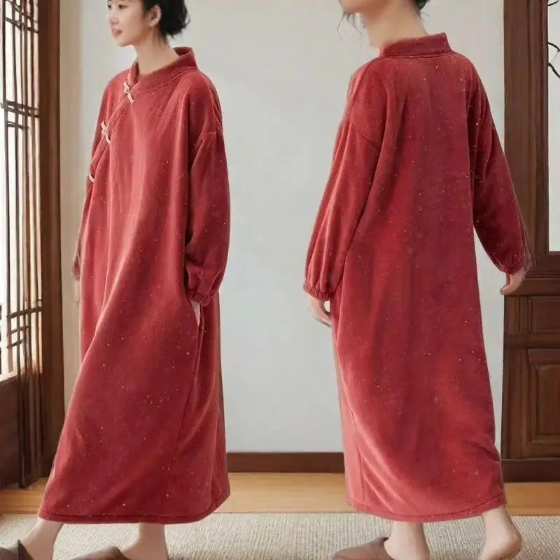 Chinese Style Women Nightgown Korean Fleece Sleepwear Long Sleeve Night Dress Warm Winter One Piece Pajamas Home Sleeping Wears