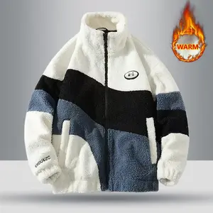 Men's Multi-Colored Patchwork Fleece-Lined Stand Collar Jacket Casual Fashion Warm Coat 100% Polyester Fiber Zipper Closure Personalized Labeling for Spring Autumn Winter Outdoor Wear