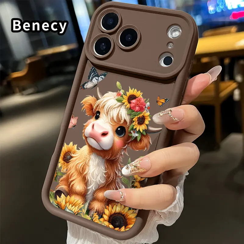 Cute Highland Cow Sunflower Butterflies Flower Crown Protective Smartphone Casing for iPhone Series (17,16,15,14,13,12,11 Pro Max Plus XR XS), Air Shockproof, Camera Guard, Durable Slim TPU Silicone Cover, Handheld Accessory Gift for Women Cow Lovers