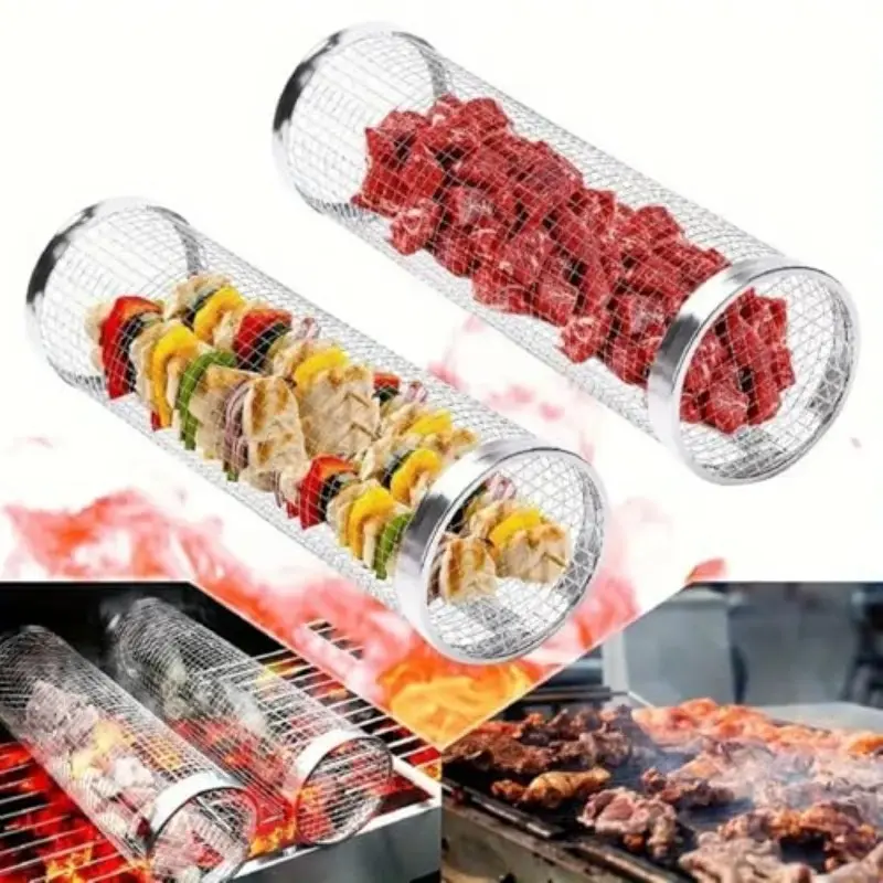 Stainless Steel Rolling BBQ Cage, Space-Saving Portable Design, Anti-Scald Hook for Easy Lifting, Ideal for Outdoor Barbecues, Barbecue Utensils, BBQ Tools, Barbecue Accessories