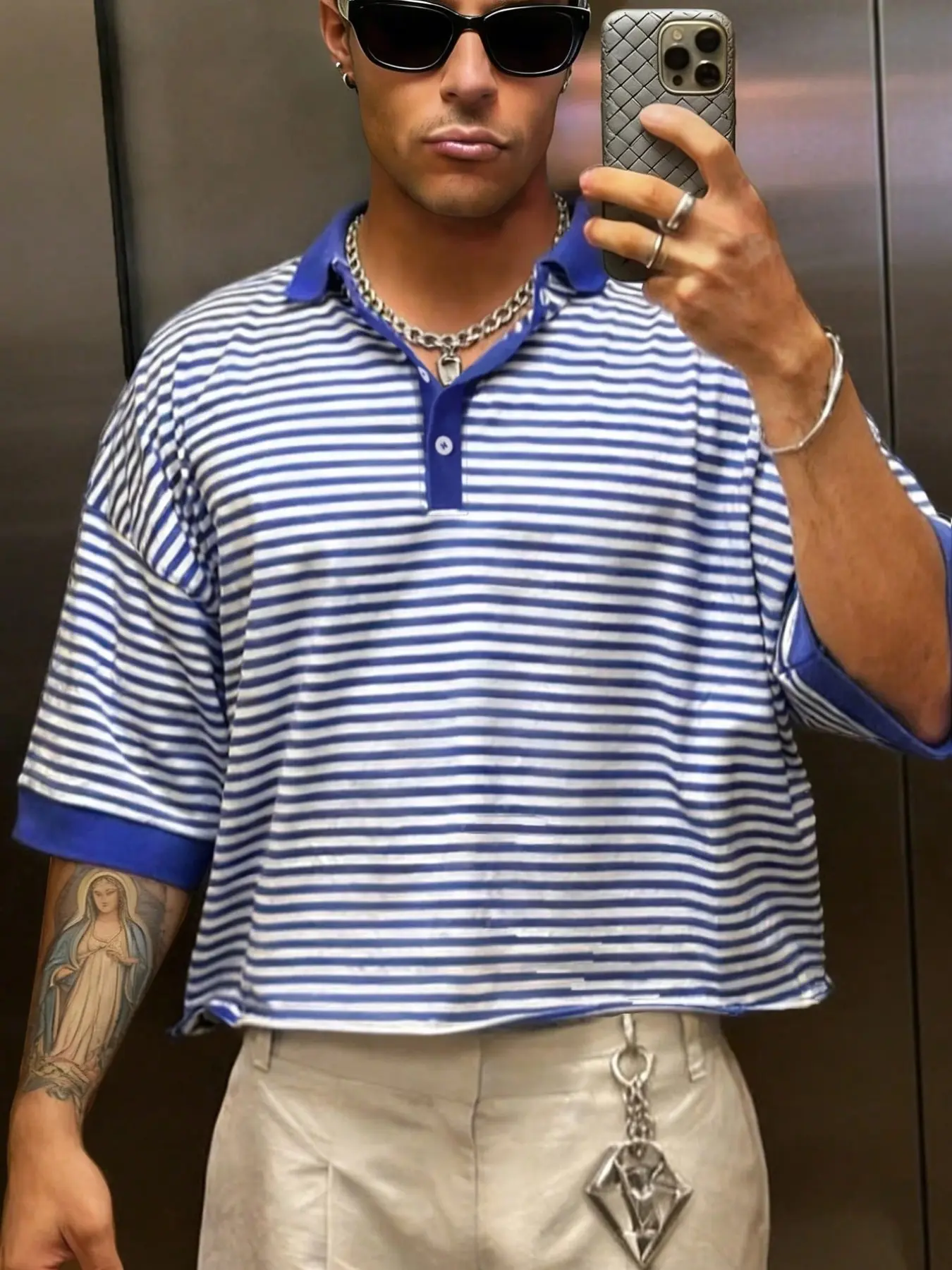Men's Striped Cropped Polo Shirt, Loose Vintage Streetwear Trendy Casual Short Sleeve Top, Perfect For Daily Summer Wear