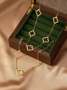 18K Gold Plated Four Leaf Clover Jewelry Set - Hypoallergenic Stainless Steel Hollow Clover Necklace & Bracelet Set, Adjustable Lucky Charm Jewelry for Women, Daily & Gift Wear