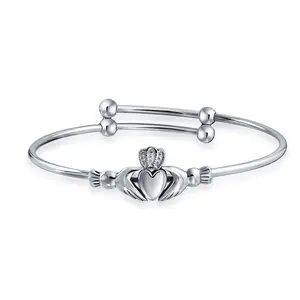 Lovers BFF Heart Friendship Claddagh Bracelet Bangle .925 Sterling Silver for Small Wrists 6.5"