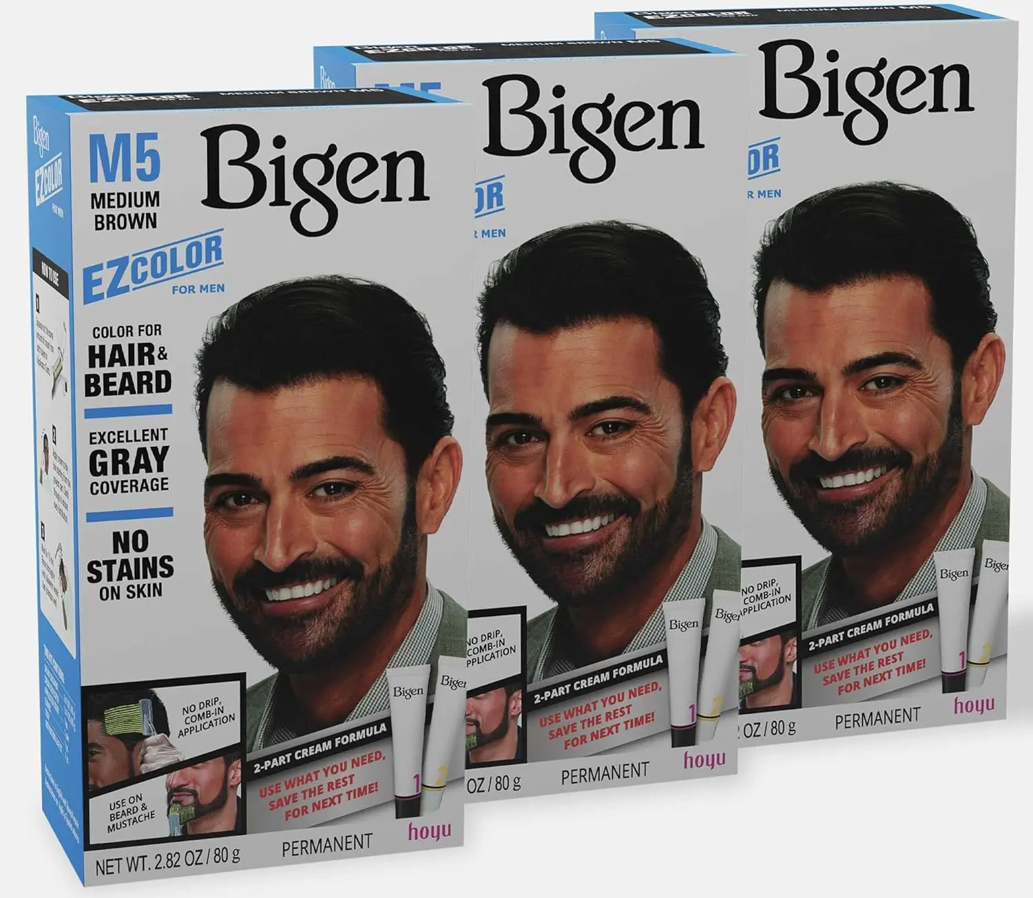 Men's Hair and Beard Color Kit, 3-Pack, M5 Medium Brown - Easy, No-Drip, No-Stain Formula for Mess-Free Haircare