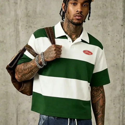 Striped Polo Shirt with American Casual Style, Oversize Short Fit, Classic Color Palette, Small Logo Design, Comfortable and Stylish, Striped Print Polo