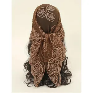 Floral Embroidery Mesh Scallop Trim Bandana, Boho Style Scarf, Women's Scarf for All Seasons, Fashion Accessories for Women