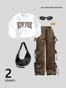 Women's Casual Sweatshirt & Pants Set, Fitted Regular Length Top, All-Season Street Style, Graphic Leopard Print Design